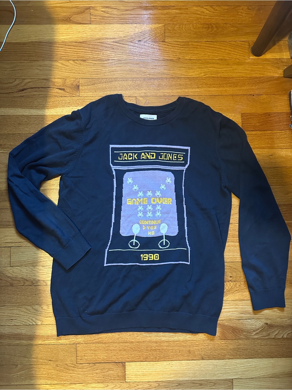 JACK & JONES Mens XL Slim Fit Navy Knit Crewneck Pullover Sweater Arcade Graphic